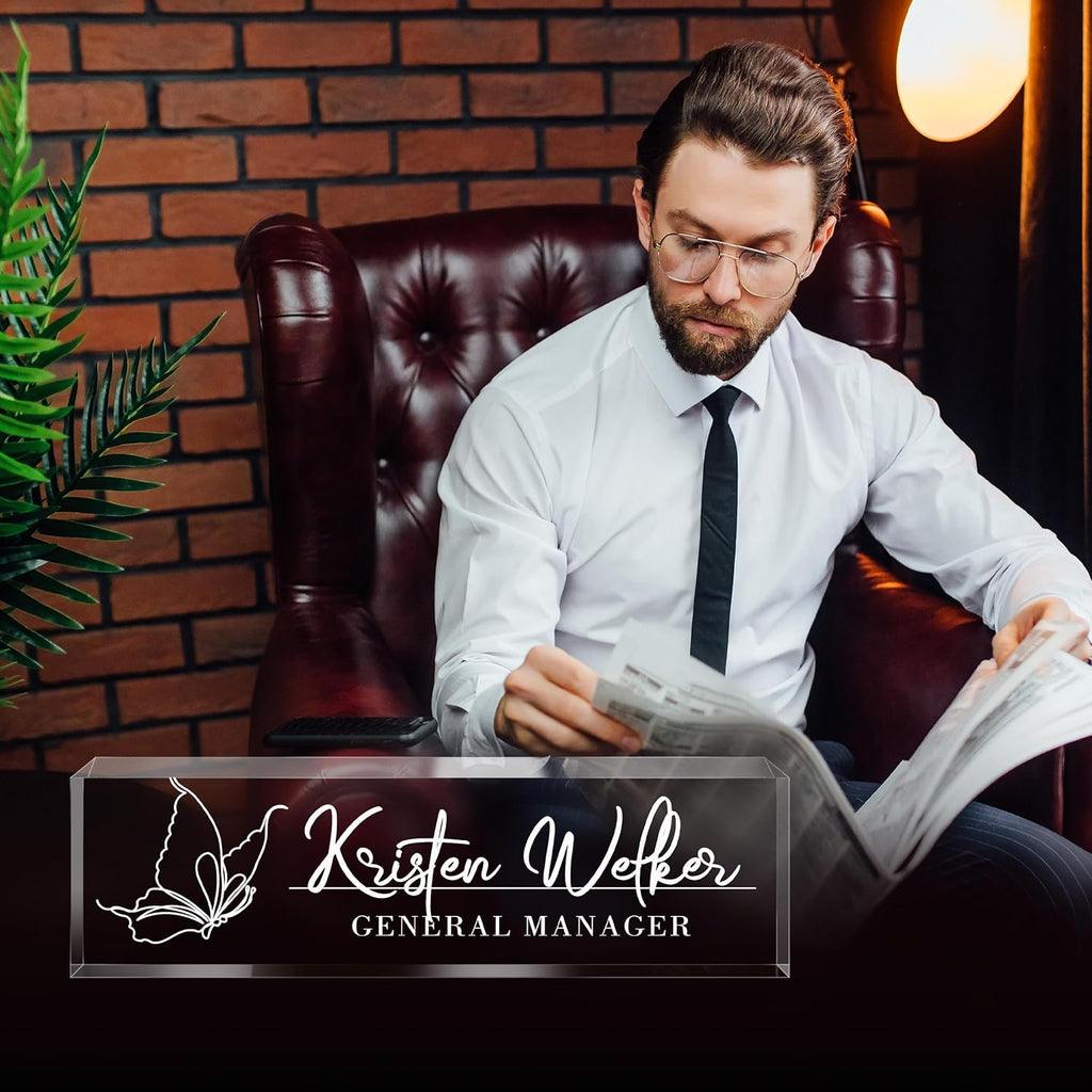 Personalized Name Plate for Desk - Custom Engraved Name Plates for Man - Boss Day Gifts for Boss - Acrylic Office Decor Appreciation Gifts for Teacher Nurse Coworker Social Worker (White Butterfly)