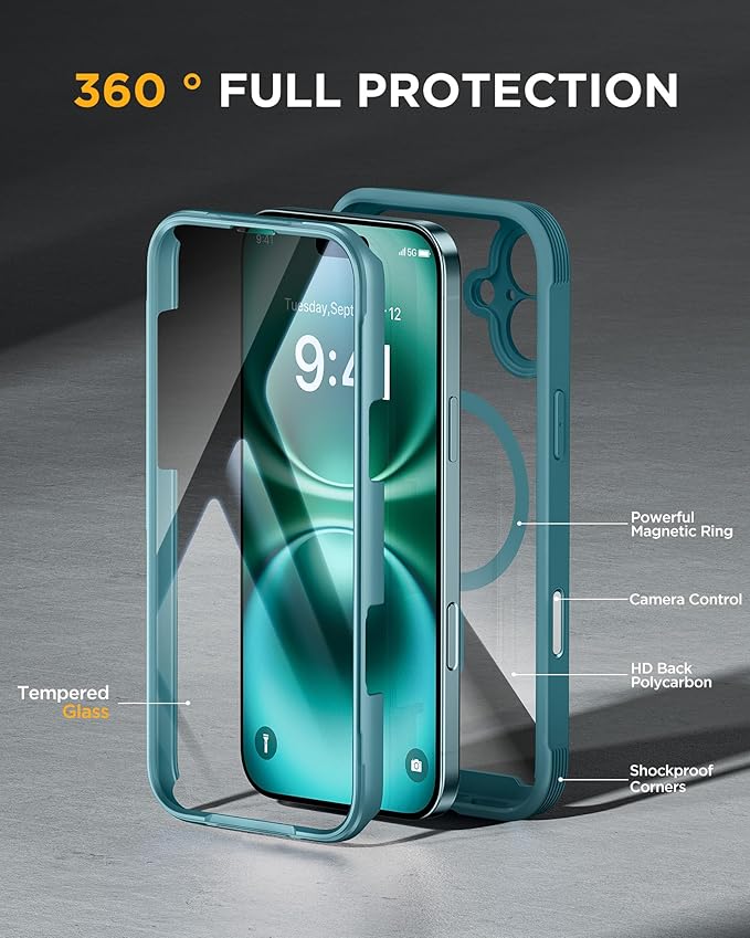 Miracase Magnetic for iPhone 16 Plus Case Full-Body Phone with Built-in Glass Screen Protector, [Compatible with MagSafe] Military Drop Proof 16 Plus Cover Bumper 6.7 inch, Green