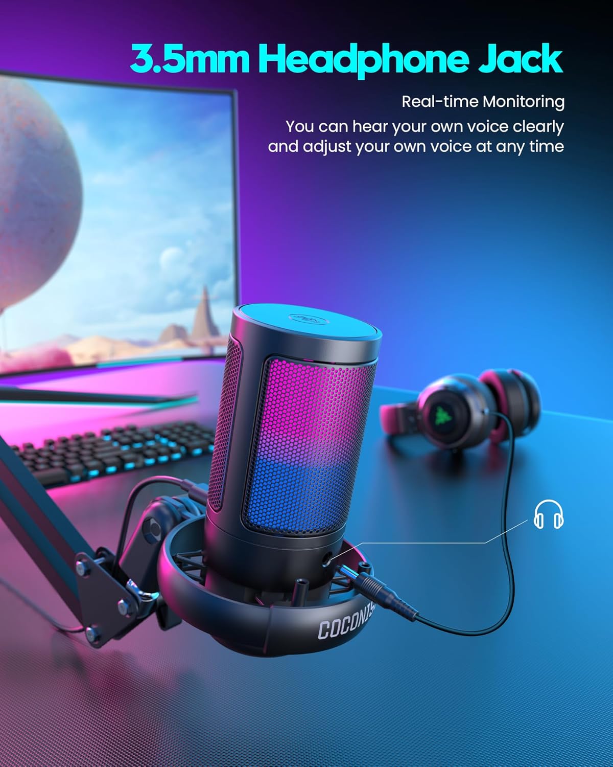 Gaming Microphone, USB PC Mic for Podcasts Videos, Streaming, Condenser Mic with Quick Mute, Tripod Stand, Pop Filter, RGB Indicator, Shock Mount, Rotate gain button, Compatible with PS4/5/PC