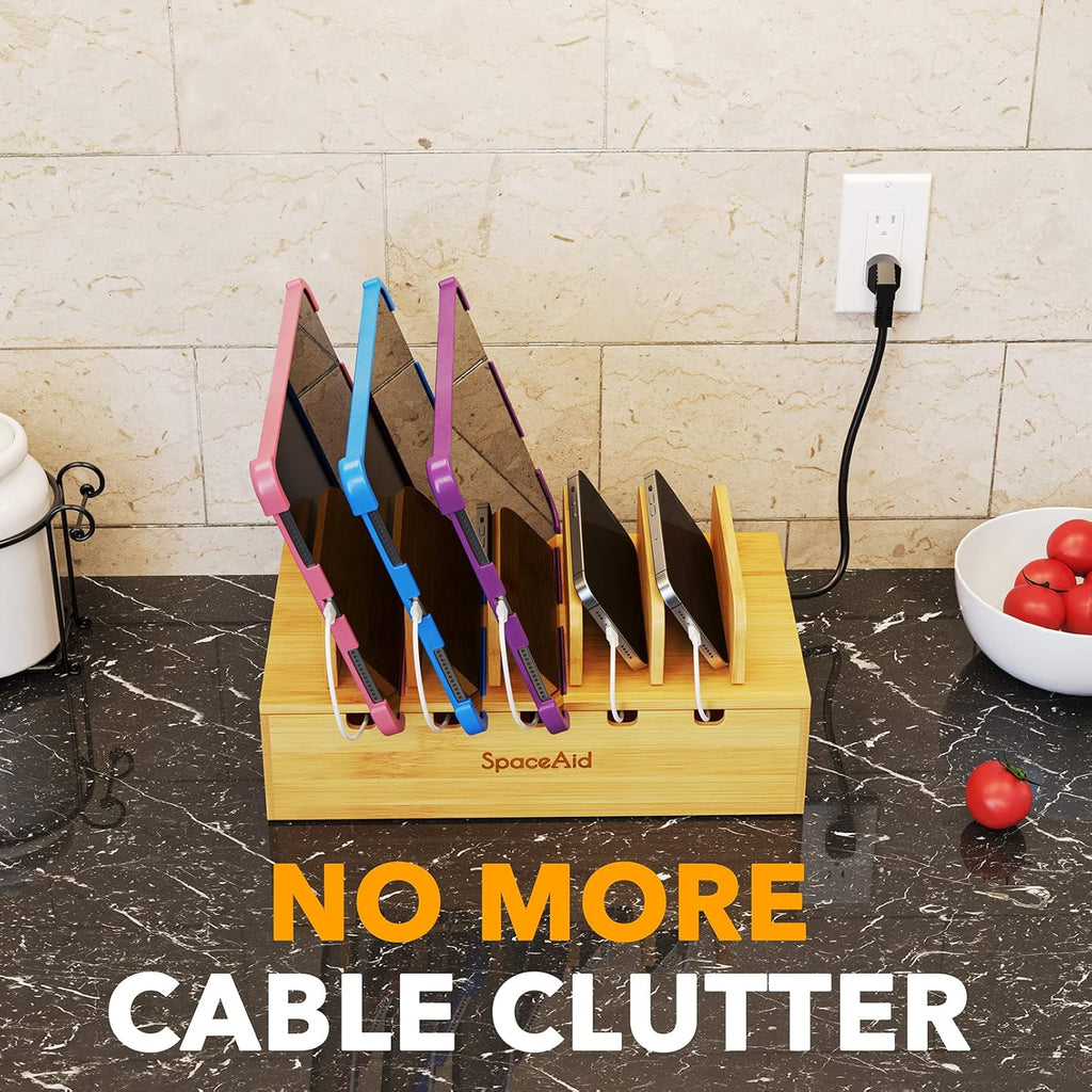 SpaceAid Bamboo Charging Station for Multiple Devices, Cell Phone Docking Stations for Multi Laptop, Tablets and iPads, Nightstand Bedside Desk Device Charger Organizer (Natural)