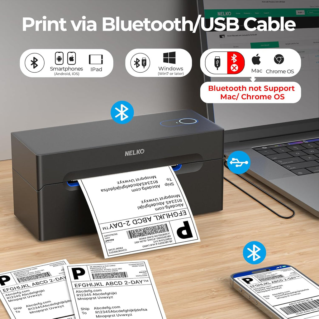 Nelko Bluetooth Thermal Shipping Label Printer, Wireless 4x6 Shipping Label Printer for Shipping Packages, Support Android, iPhone and Windows, Widely Used for Amazon, Ebay, Shopify, Etsy, USPS