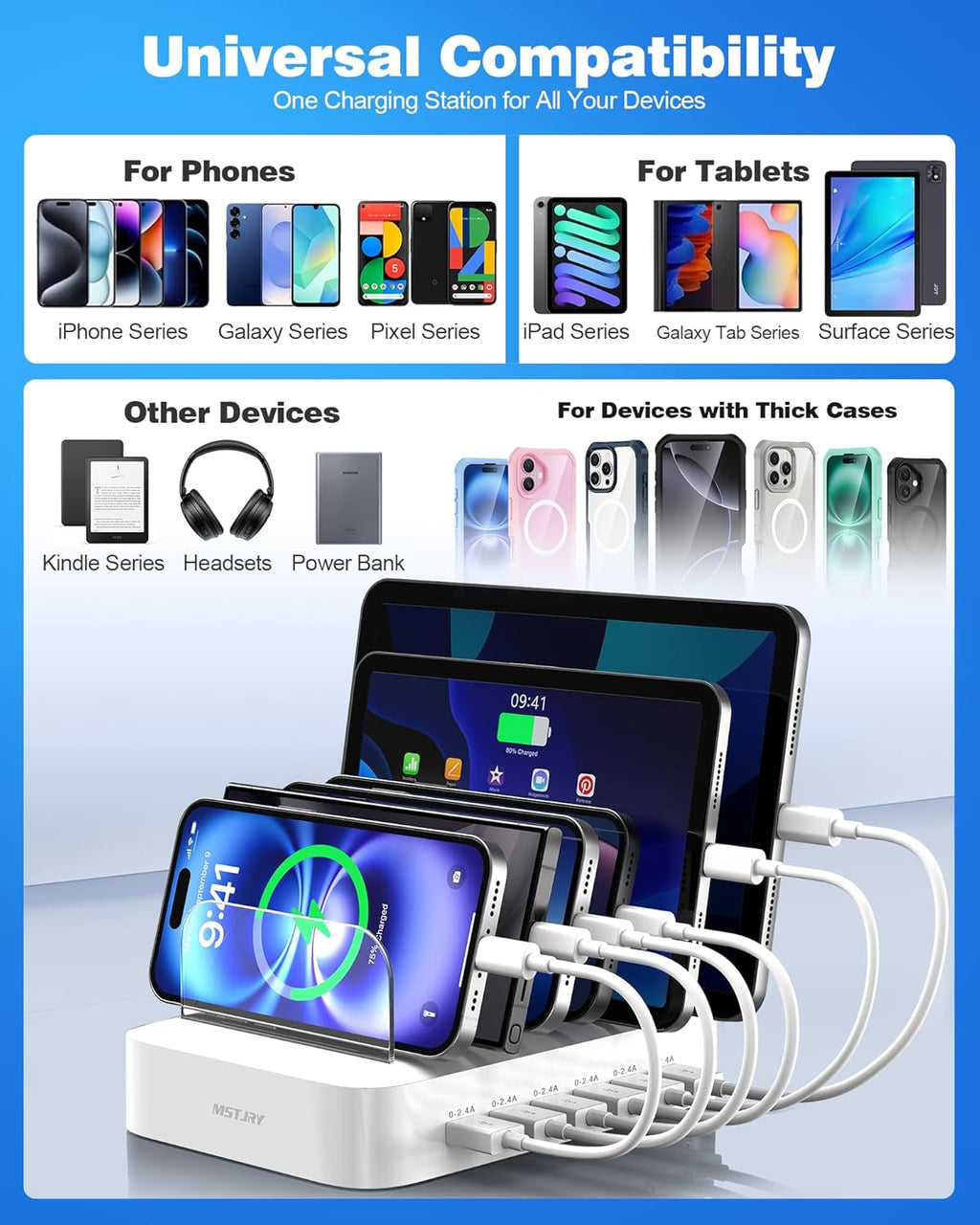 MSTJRY Charging Station for Multiple Devices : 6 Port USB Charger Stations - Family Multi-Device Organizer Charging Dock - Designed for iPhone iPad Android Cell Phone Tablet and Electronic, White