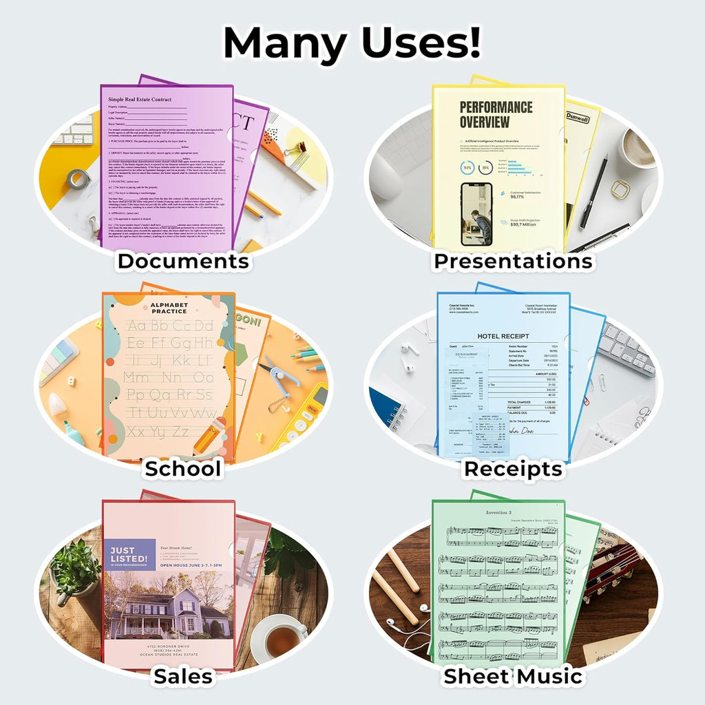 Dunwell Clear Plastic Folder Sleeves (12 Pack, Assorted Colors), Acid-Free Poly Project Sleeves, File Jackets for Letter Size 8.5x11 Documents