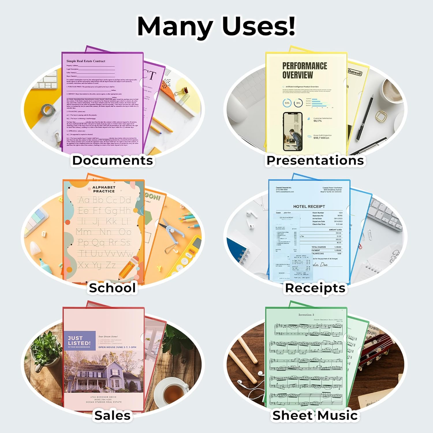 Dunwell Clear Folders for Documents, Plastic 8.5x11 File Sleeves for Document Protection, Filing, Storage, Organization (6 Pack) Colorful Folders with Pockets, Durable Letter Size Document Holder