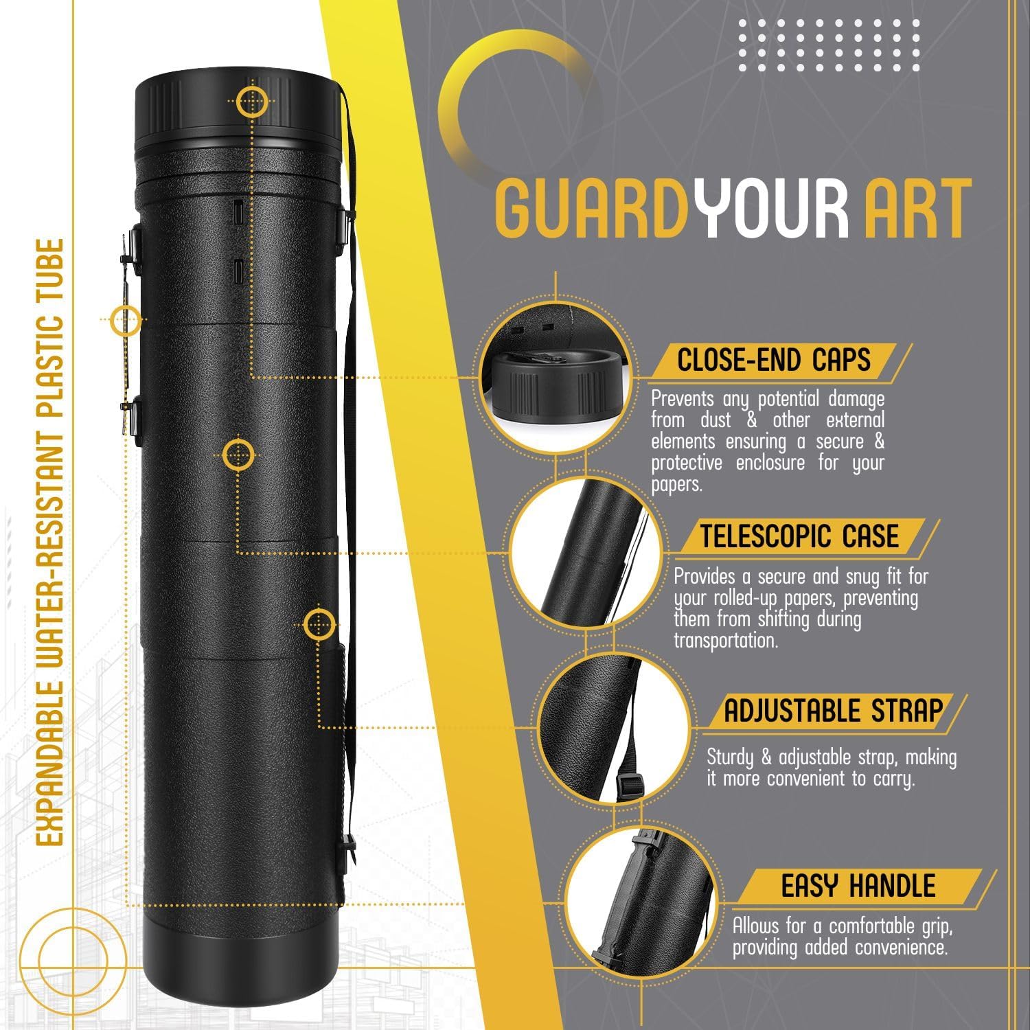 Flexzion Poster, Art, Document Tube with Strap, Expandable Waterproof Plastic Container, Telescoping Cylindrical Storage Case, Portable Paper Holder for Draft Sketch Blueprint, 6.5 IDx32-51.6 Inch