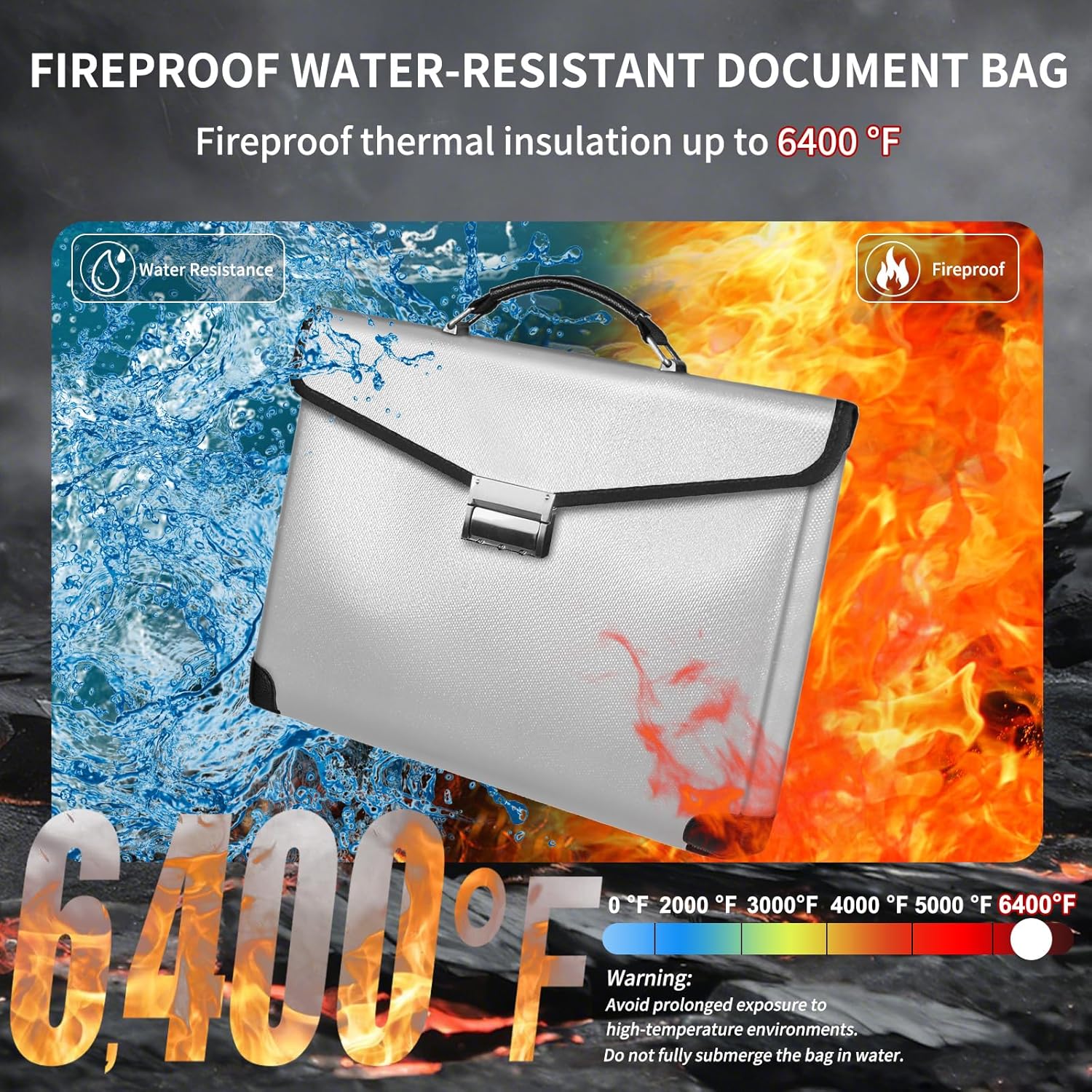 Fireproof Document Bag 14.5"X11"X2.5" Fireproof Money Bag for Cash With Lock and Zipper,Fire&Waterproof Storage Organizer Pouch for Valuables,Legal Document,Laptop,Passport,(Silver)