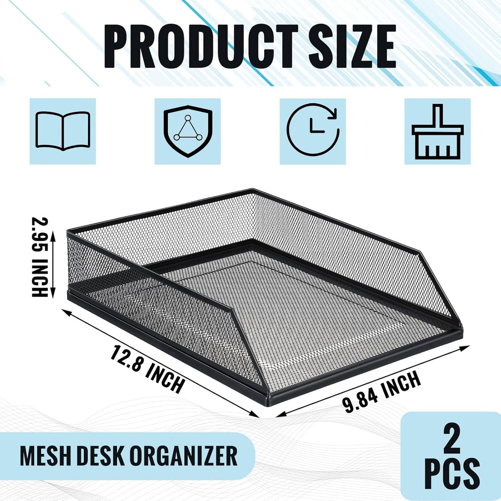 Hicarer 2 Pcs Black Metal Letter Tray Stackable Desk Tray Single Wire Mesh Organizer Front Load File Paper Holder for Desktop Office Home School Classroom (12.8 x 9.84 Inch)