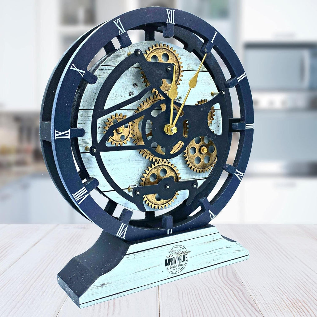 The Gears Clock Desk Clock 10 inches with Real Moving Gears Convertible into Wall Clock (White Farmhouse)