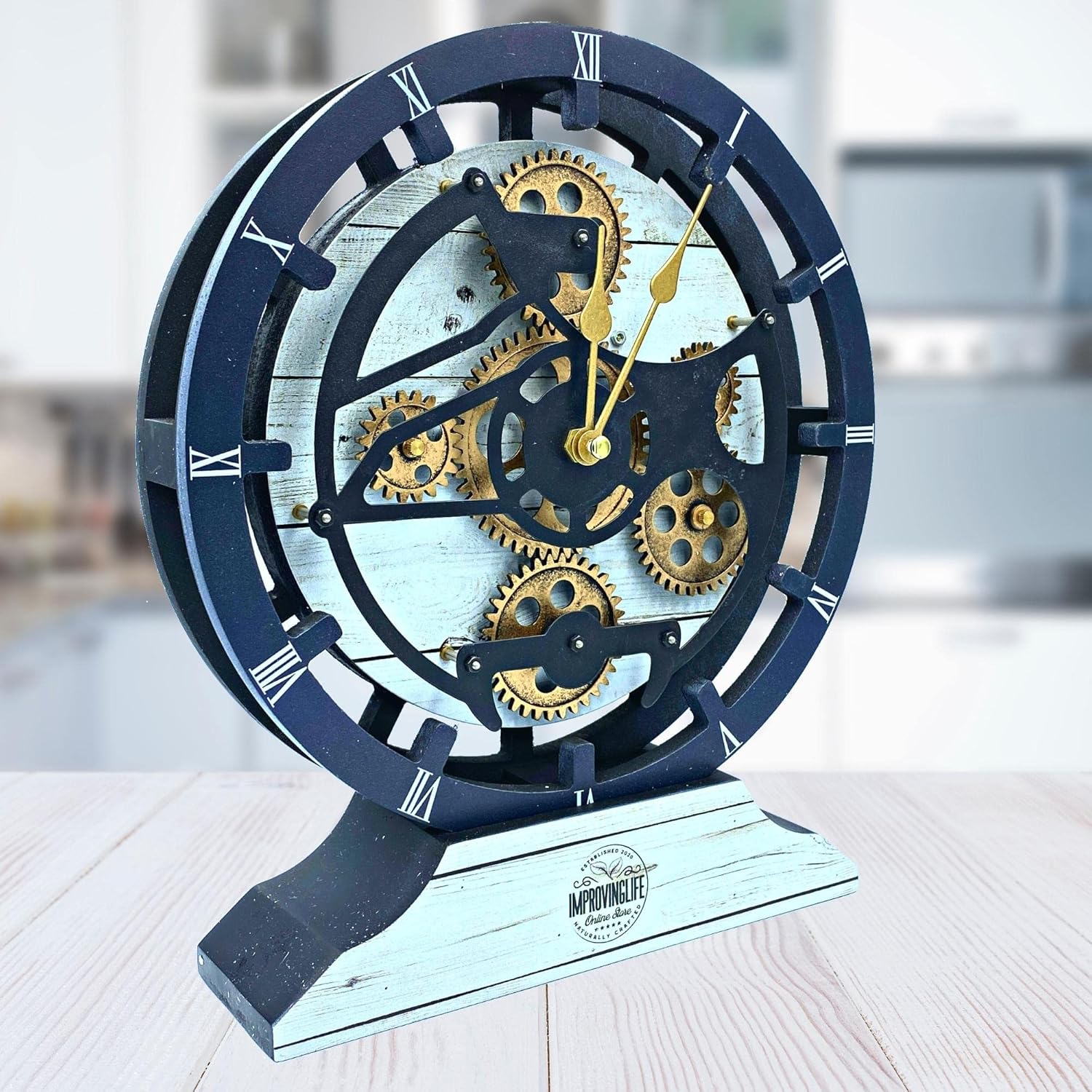 The Gears Clock Desk Clock 10 inches with Real Moving Gears Convertible into Wall Clock (White Farmhouse)