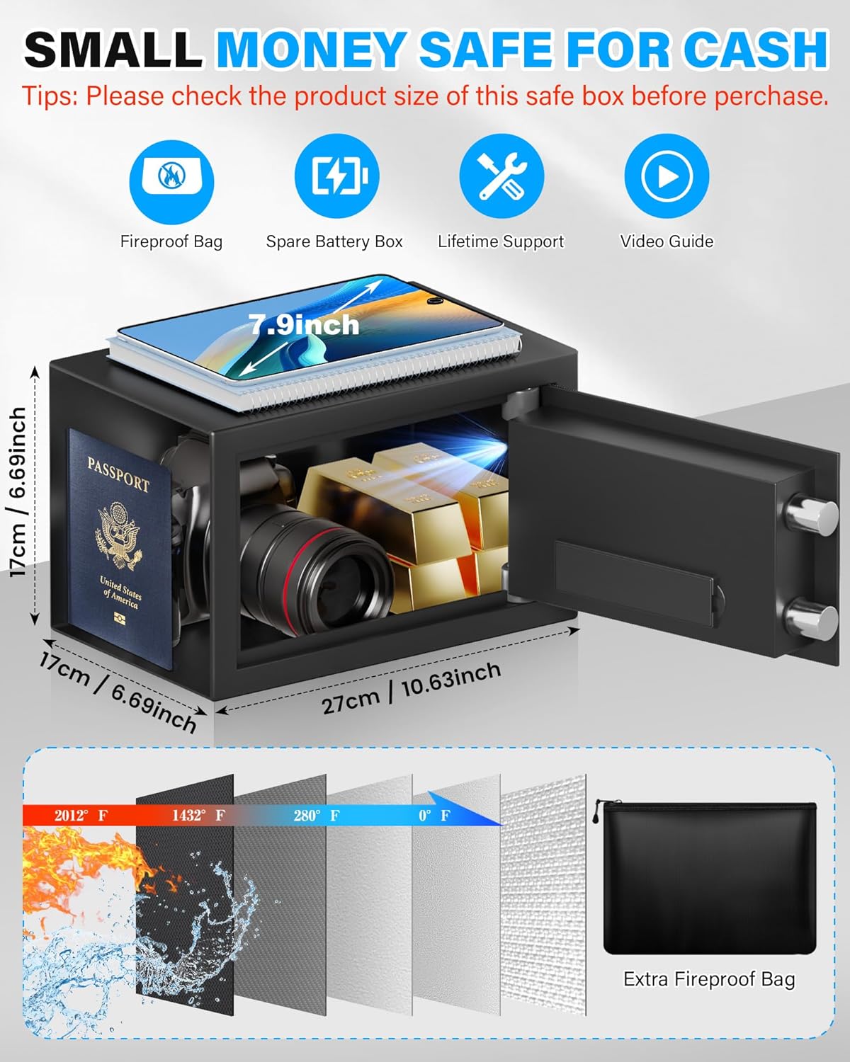 [UPGRADED] Small Safe Box for Home, 0.30 Cuft Mini Safes with Fireproof Waterproof Bag, Digital Money Safe with Programmable Keypad Spare Keys, Security Cash Box for Money Valuables