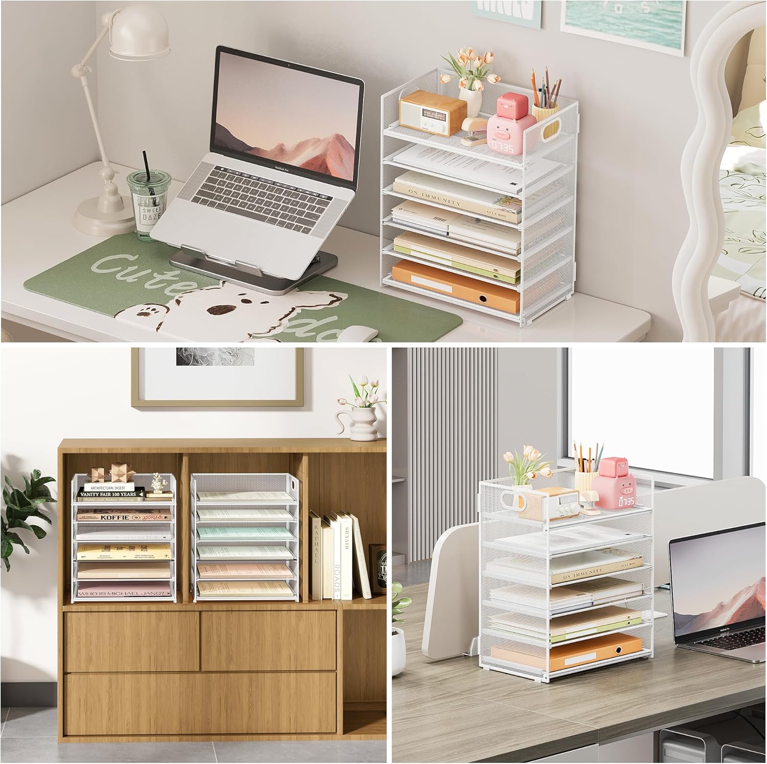 Subekyu 6 Tier Paper Organizer for Desk with Handle, Metal Mesh Desk Office File Folder Paper Letter Tray Accessories Organizer Sorter for Home, School, Office Desktop Document Organization - White