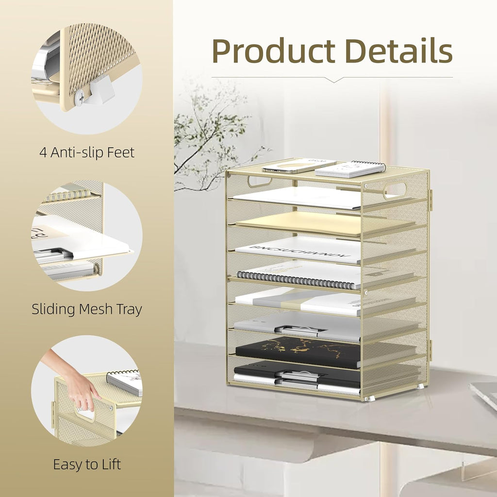 DALTACK 9-Tier Paper Letter Tray Desk Organizer with Handles, Mesh File Holder Organization, File Organizer for Desk Paper Sorter for Office Home School, Golden Yellow