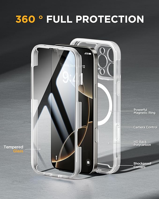 Miracase Magnetic for iPhone 16 Pro Case Full-Body Phone with Built-in Glass Screen Protector, [Compatible with MagSafe] Military Drop Proof 16 Pro Cover Bumper 6.3 inch, Matte Clear