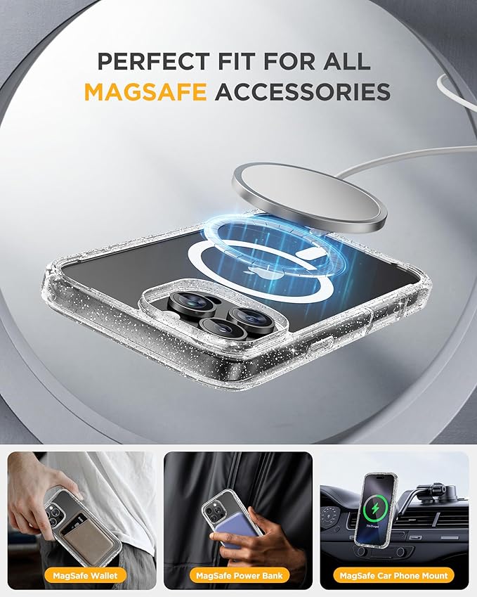 Miracase for iPhone 16 Pro Max Case 6.9'', [Bubble Free] Full-Body Bumper Phone case with Built-in Full Glass Screen &Lens Protector,Compatible with MagSafe,Drop Proof 16 Pro Max Cover,Clear Glitter