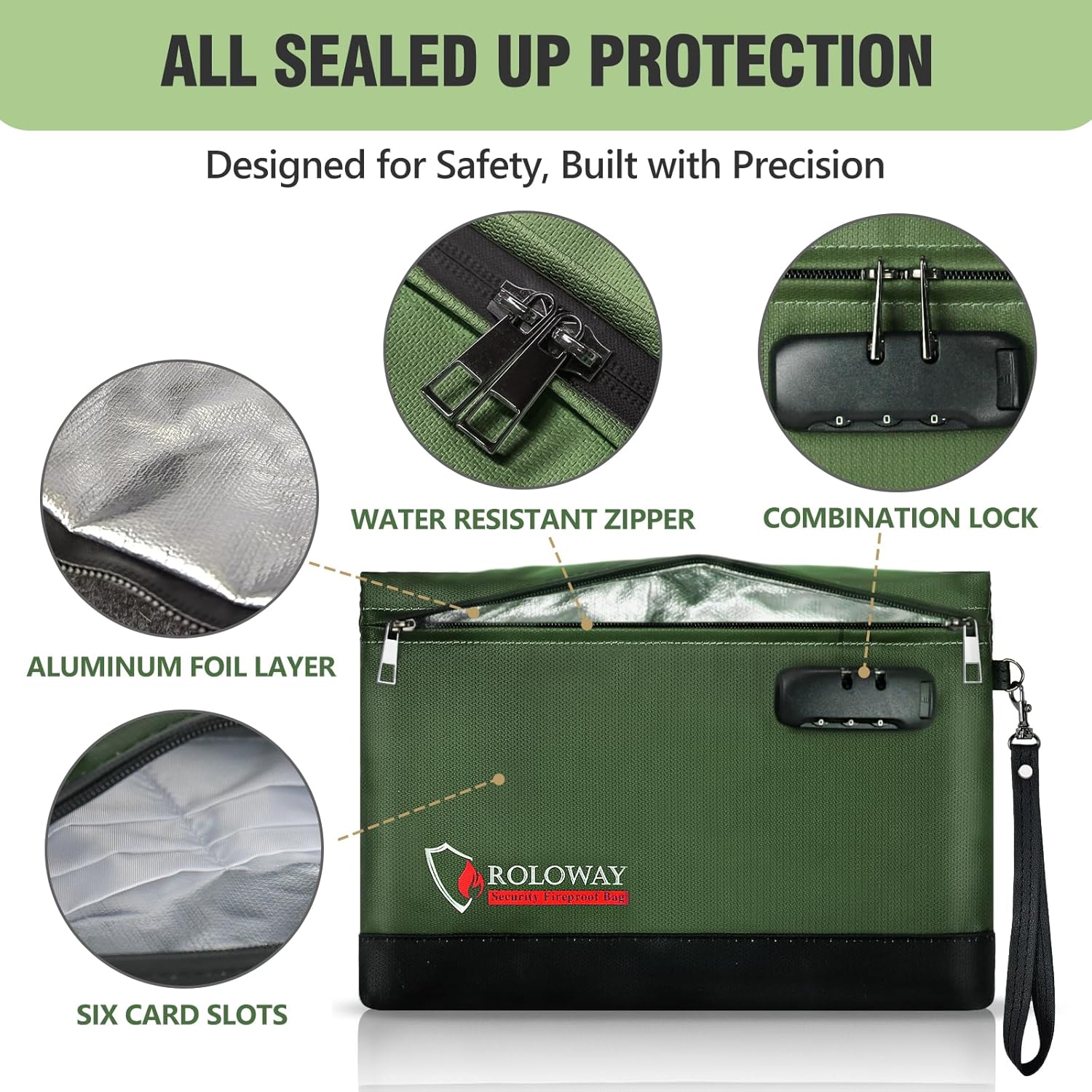 ROLOWAY Fireproof Money Bag with Lock for Cash, 6400°F Fire Proof Document Bag (12.2 x 8.5 x 1.6 inches), Money Pouch with Zipper (Green)