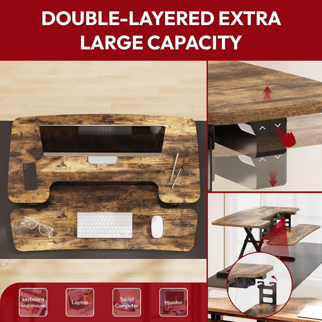 SANODESK Standing Desk Converter with Electric Motor 35" Height Adjustable Desk Riser for Office Home,Monitor and Laptop Workstation with Large Keyboard Tray,Rustic Color