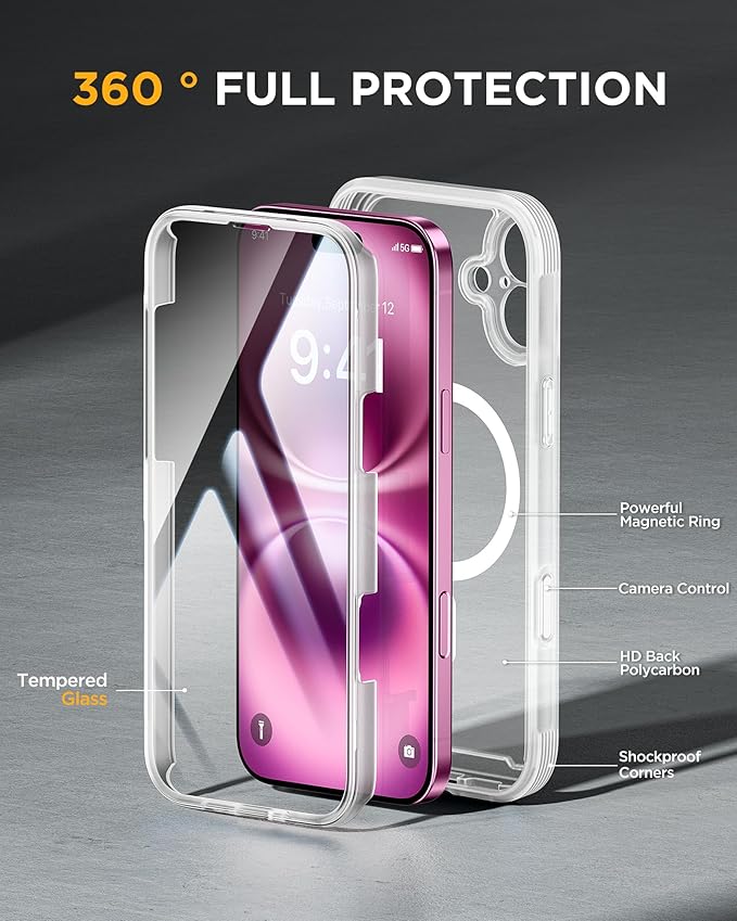 Miracase for iPhone 16 Case 6.1'', [Bubble Free] Full-Body Bumper Phone case with Built-in Full Glass Screen &Camera Control,No Gap,Compatible with MagSafe,Drop Proof 16 Cover,Matte Clear