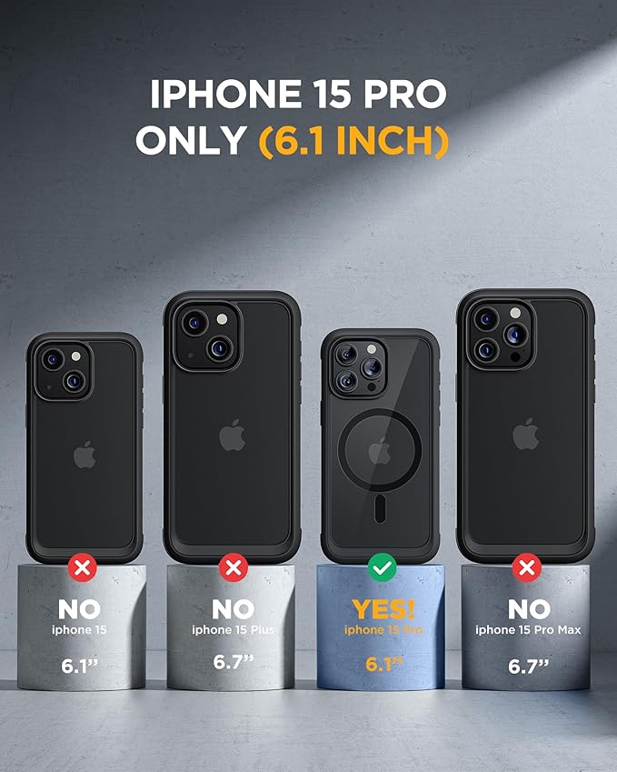 Miracase Magnetic for iPhone 15 Pro Case [Compatible with MagSafe] Full-Body Bumper Phone case with Built-in Glass Screen Protector& Camera Protector, Military Drop Proof 15 Pro Cover 6.1 inch, Black