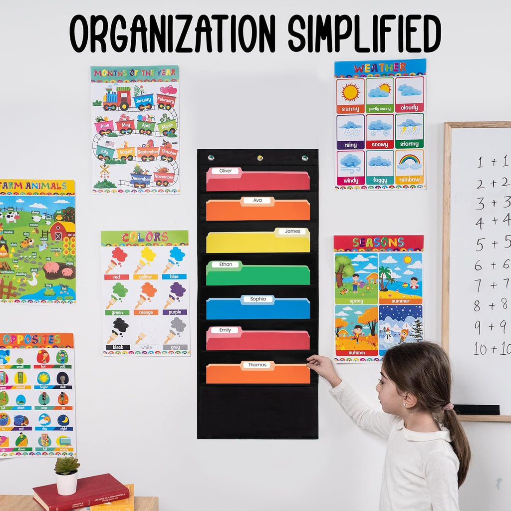 Essex Wares - 7 Pocket File Pocket Chart, Black, Tall - Versatile Wall Hanging File Folder Organizer for Classroom, Office, Home, and More - Wall Folder Organizer - 7 Pockets