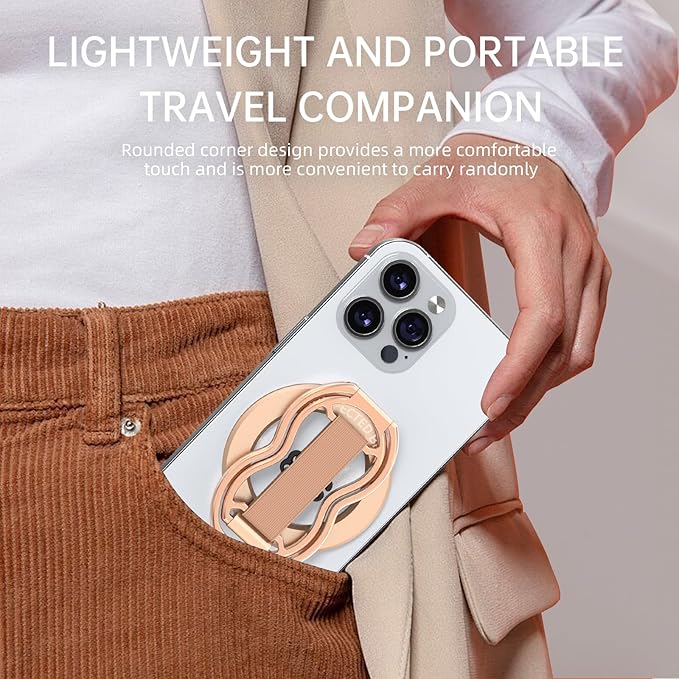 RESPECTED-BRO-Magnetic-Phone-Grip-Stand-with-Finger-Strap, 4-in-1 Magnetic Ring Holder, Kickstand and Elastic Strap for Smartphones, Universal Fit for iPhone, Android, and Cases (Rose Gold)