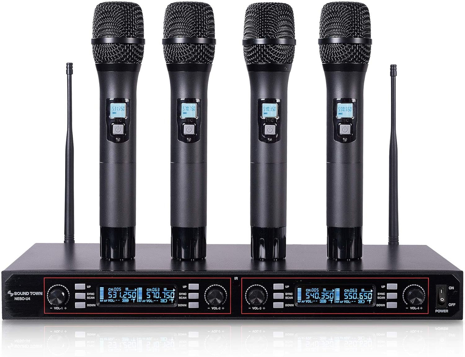 Sound Town 200-Channel Rack Mountable Professional Adjustable UHF Wireless Microphone System with Metal Receiver and 4 Handheld Mics (NESO-U4HH)