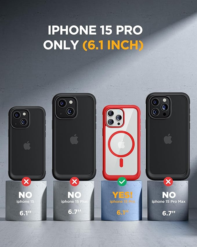Miracase Magnetic for iPhone 15 Pro Case Full-Body Bumper Phone case with Built-in Glass Screen Protector& Camera Protector, Military Drop Proof 15 Pro Cover, Magnetic Red