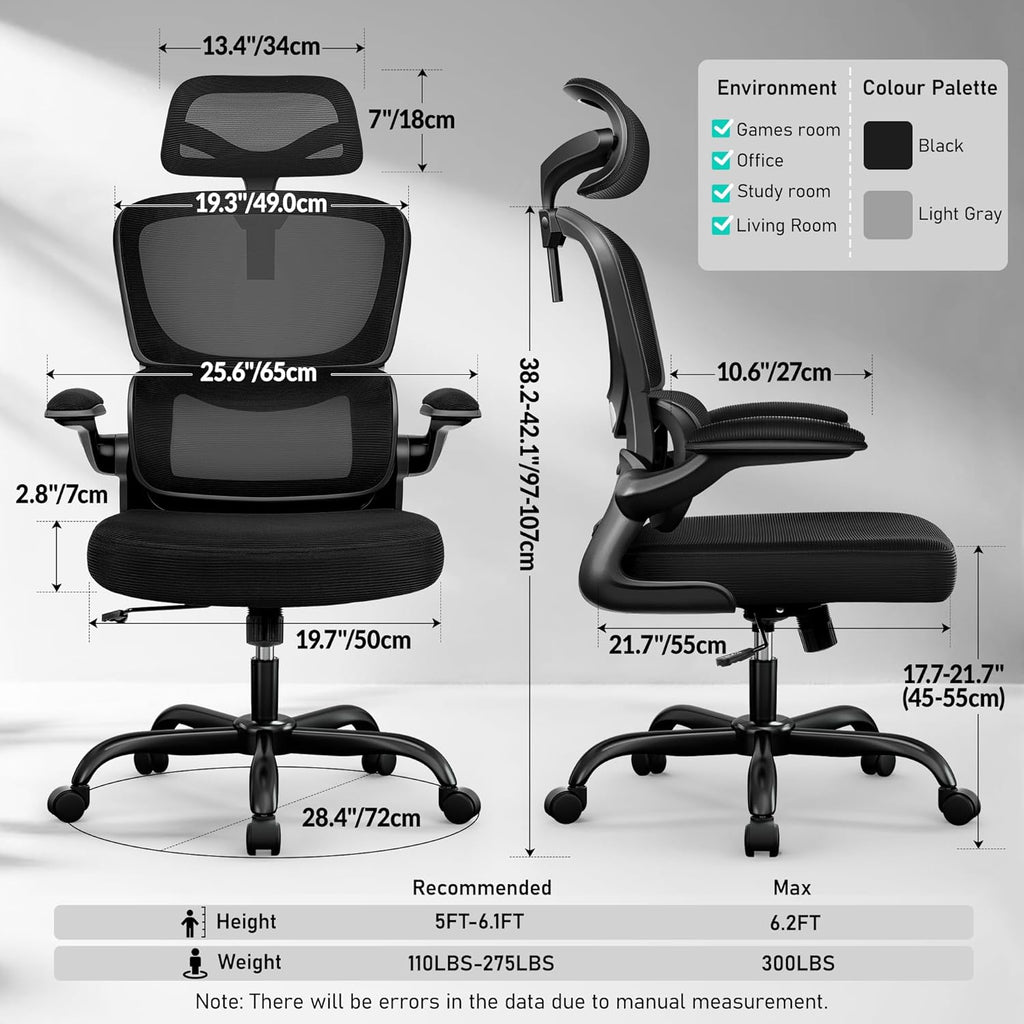 High Back Ergonomic Office Chair, Breathable Mesh Desk Chair with Lumbar Support, Adjustable Headrest, Flip-up Armrests, Computer Gaming Chair