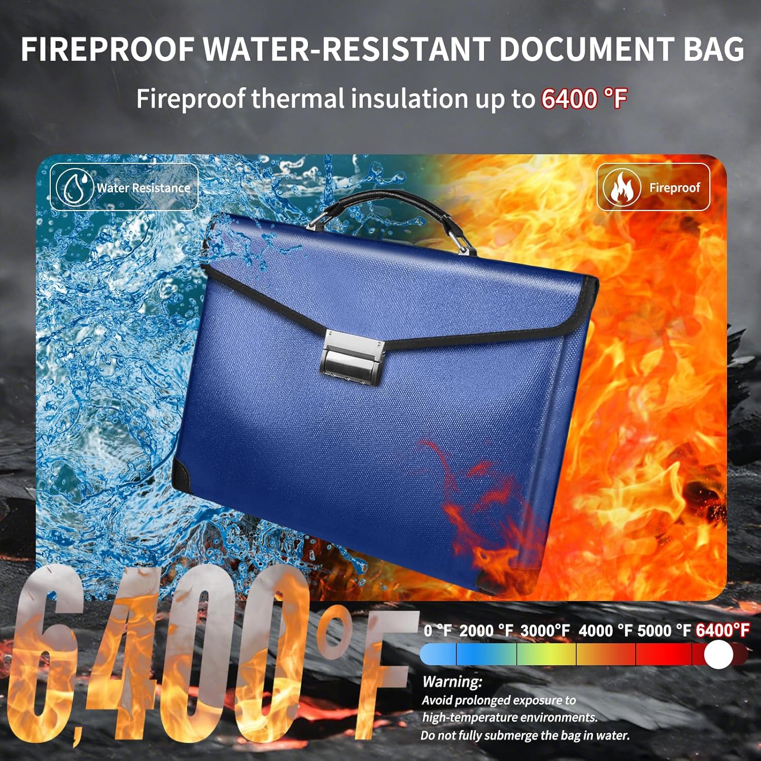 Fireproof Document Bag 14.5"X11"X2.5" Fireproof Money Bag for Cash with Lock and Zipper,Fire&Waterproof Storage Organizer Pouch for Valuables,Legal Document,Laptop,Passport, (Blue)