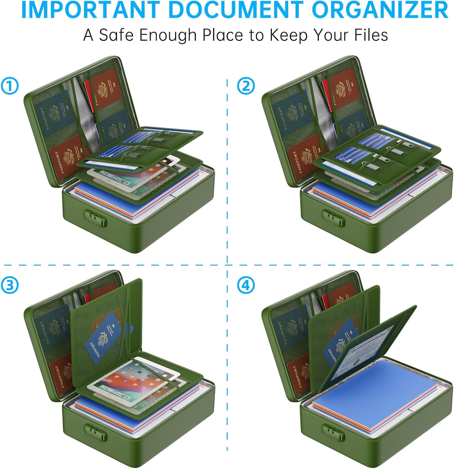 ENGPOW 5200°F Fireproof Document Bag with Lock, Upgraded Heat Insulated Fireproof＆Waterproof Box 8 Layers Document Organizer, Portable Home Travel Safe Storage Box for Important Files, Laptop,Green