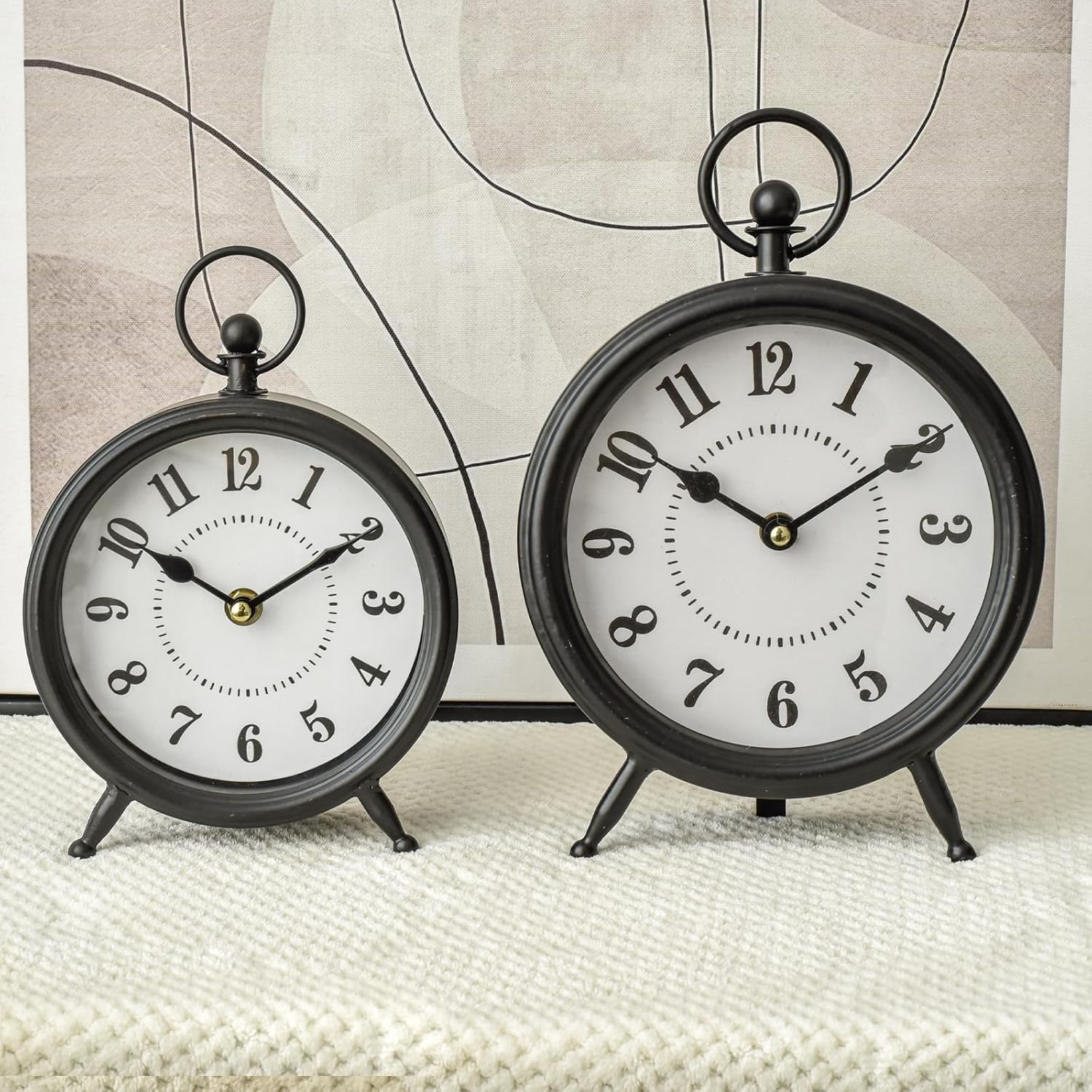 Vintage Non-Ticking Black Table Clock with Stand, Decorative Clock for Desk and Shelf, Rustic Farmhouse Style Mantel Timepiece