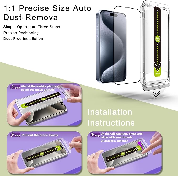 [2-Pack Ultra HD Clear Screen Protector for iPhone 15 Pro (6.1-Inch),9H Tempered Glass,Full Coverage,Anti-Fingerprint,Auto Dust Removal,Bubble-Free,Easy Installation