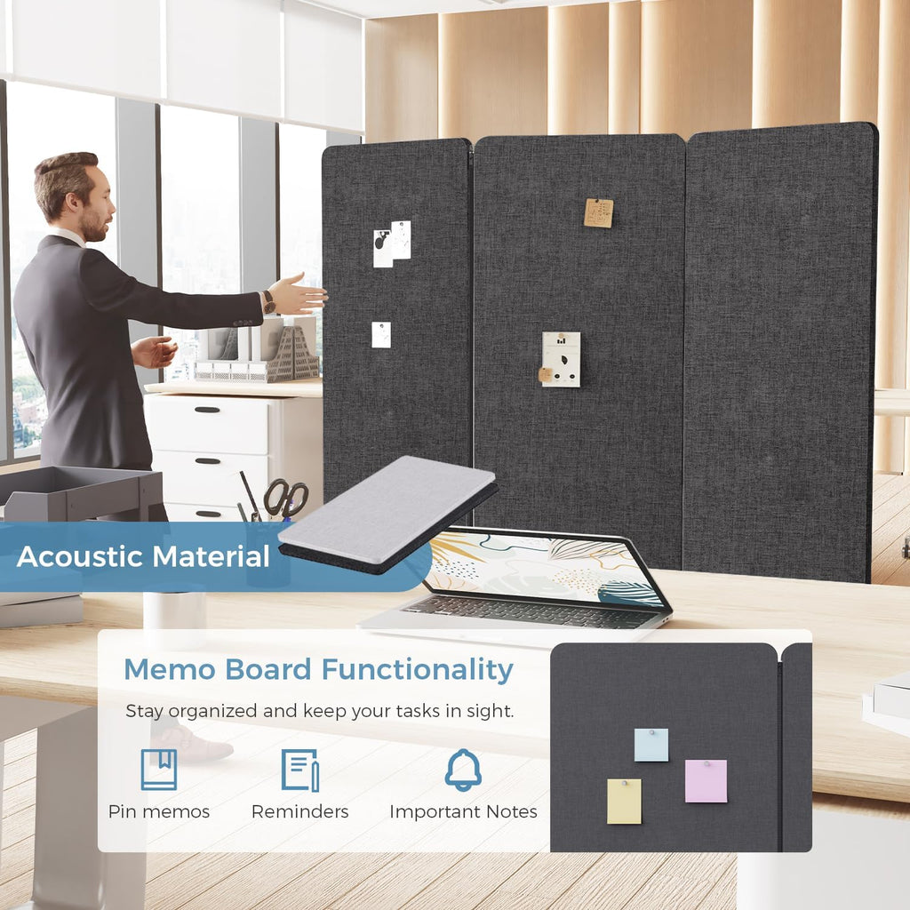 70.8" W x 63" H Freestanding Partition Room Dividers, Acoustic Panels with Wheels, 3 Soundproof Privacy Panels for Office, Reception Room, School, Hospital, Dark Grey