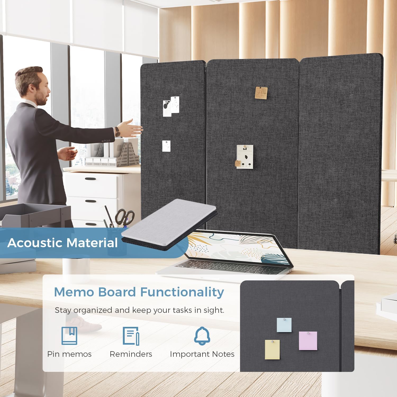 70.8" W x 63" H Freestanding Partition Room Dividers, Acoustic Panels with Wheels, 3 Soundproof Privacy Panels for Office, Reception Room, School, Hospital, Dark Grey