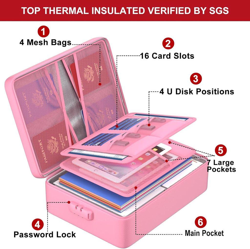 ENGPOW 5200°F Fireproof Document Bag with Lock, Upgraded Heat Insulated Fireproof＆Waterproof Box 8 Layers Document Organizer, Portable Home Travel Safe Storage Box for Important Files, Laptop, Pink