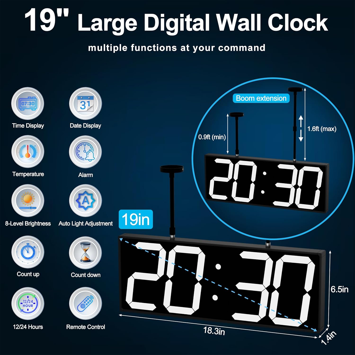 Large Double Sided Digital Wall Clock 19" with Remote Control,Suspended Design for Hospitals, Factories, Airports.