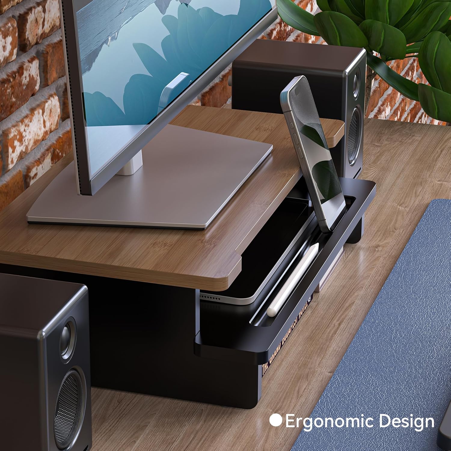 Monitor Stand Monitor Stand Riser for Desk,Wood Desk Shelf Storage Organizer with Phone Tablet Holder (16.5 Inch, Black & Dark Bamboo)