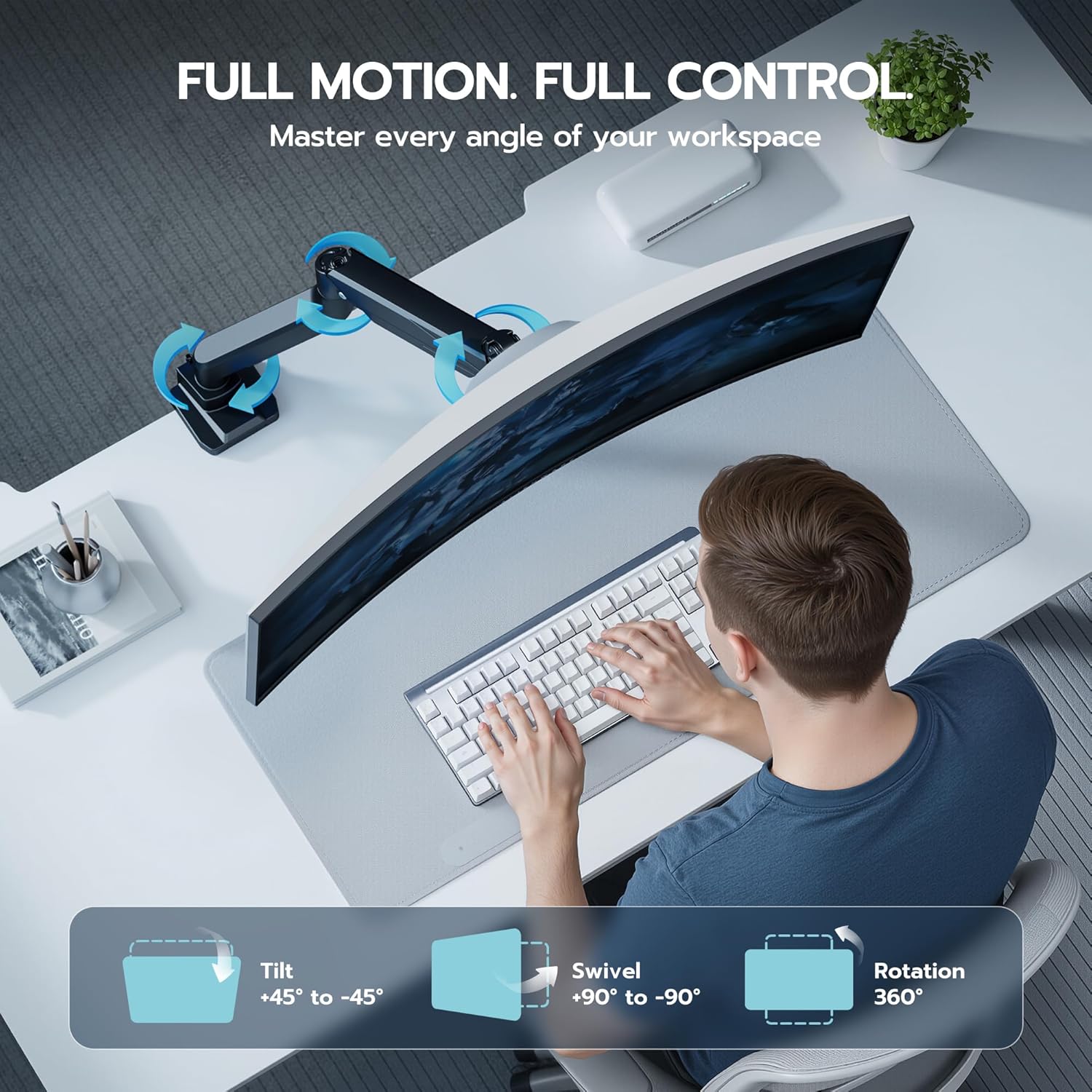 ARES WING Ultrawide Monitor Arm, Heavy Duty Single Monitor Mount for 13"-49" Curved Screens, Adjustable Stand for Desk with C-clamp & Grommet Base up to 40 LBS, Black