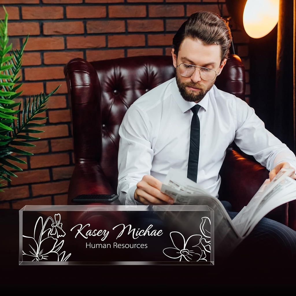 Personalized Name Plate for Desk - Custom Engraved Name Plates for Man - Boss Day Gifts for Boss - Acrylic Office Decor Appreciation Gifts for Teacher Nurse Coworker Social Worker (White Bloom)