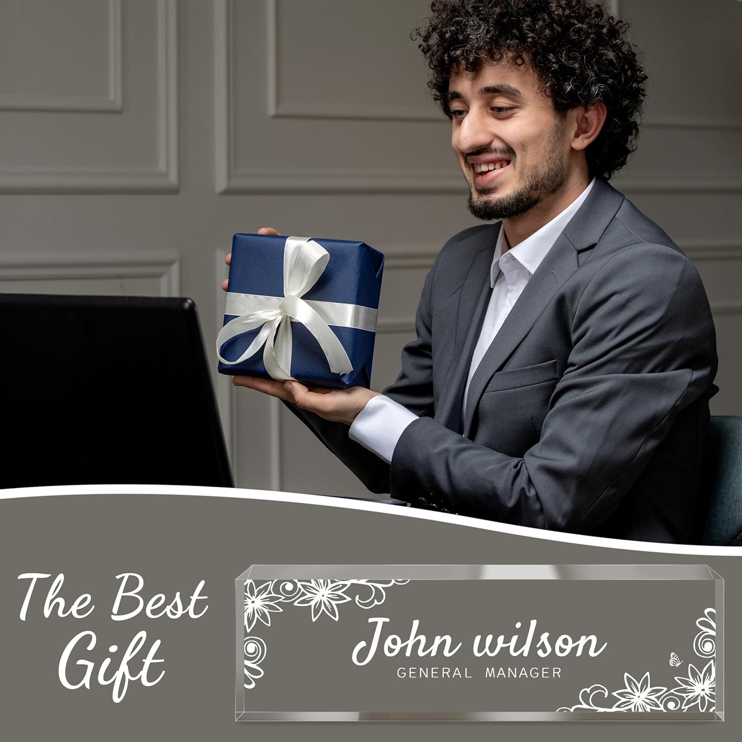 Personalized Name Plate for Desk - Custom Engraved Name Plates for Man - Boss Day Gifts for Boss - Acrylic Office Decor Appreciation Gifts for Teacher Nurse Coworker Social Worker (White Garden)