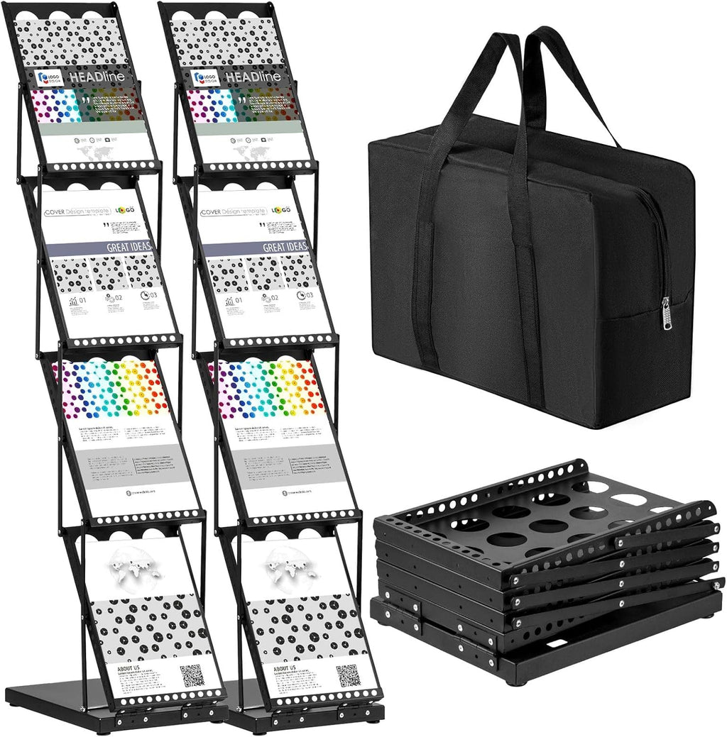 Tatuo 2 Pieces Foldable Magazine Rack Metal Catalog Literature Rack Portable 4 Pockets with Carrying Bag Brochure Stand Literature Display Holder Stand for Exhibition Trade Show