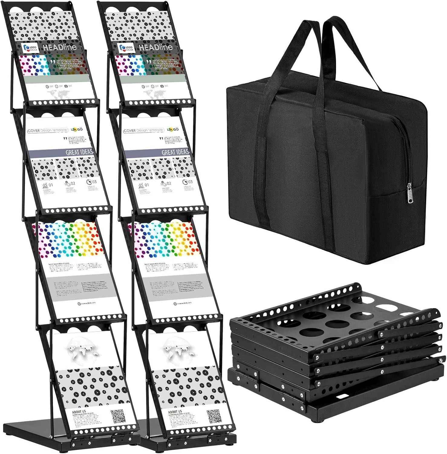 Tatuo 2 Pieces Foldable Magazine Rack Metal Catalog Literature Rack Portable 4 Pockets with Carrying Bag Brochure Stand Literature Display Holder Stand for Exhibition Trade Show