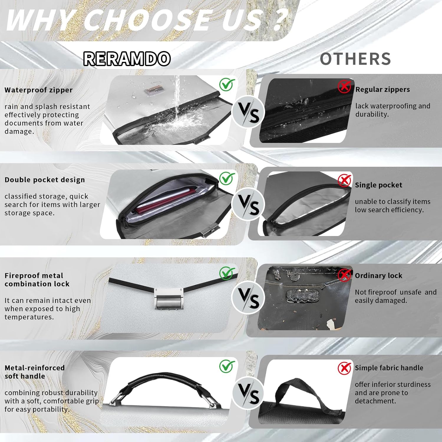 Fireproof Document Bag 14.5"X11"X2.5" Fireproof Money Bag for Cash With Lock and Zipper,Fire&Waterproof Storage Organizer Pouch for Valuables,Legal Document,Laptop,Passport,(Silver)