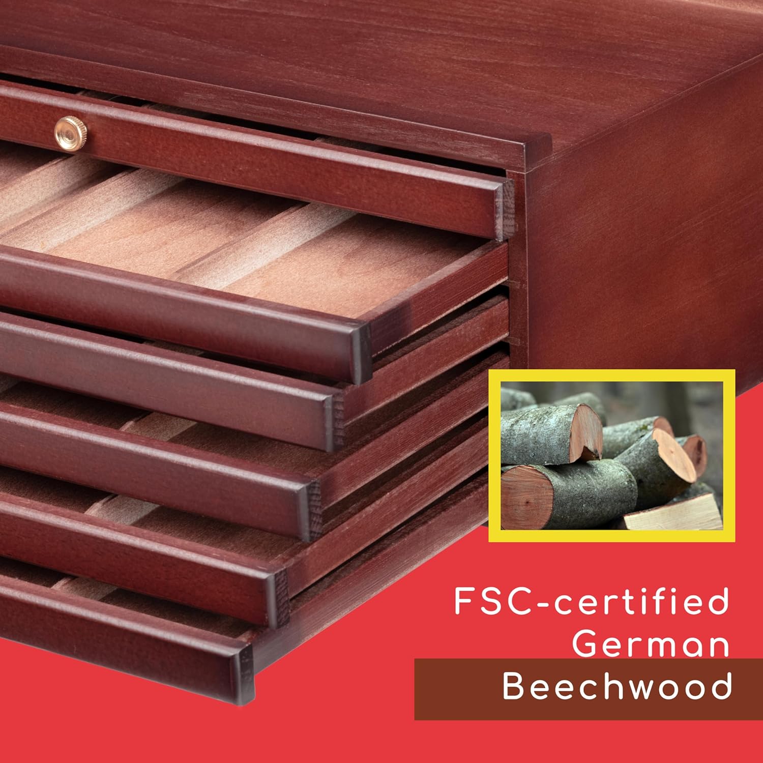 MEEDEN 6-Drawer Wood Artist Supply Storage Box, Portable Beechwood Multifunctional Pencil Brush Organizer Wood Box with Drawer&Compartments for Pastels, Pencils, Pens, Makeup Brushes(Mahogany Color)