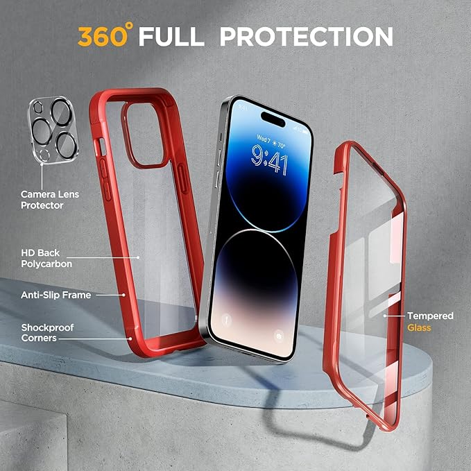 Miracase Glass Series Designed for iPhone 14 Pro Max Case 6.7 Inch, Upgrade Full-Body Bumper Case with Built-in 9H Tempered Glass Screen Protector, with Camera Lens Protector, Red