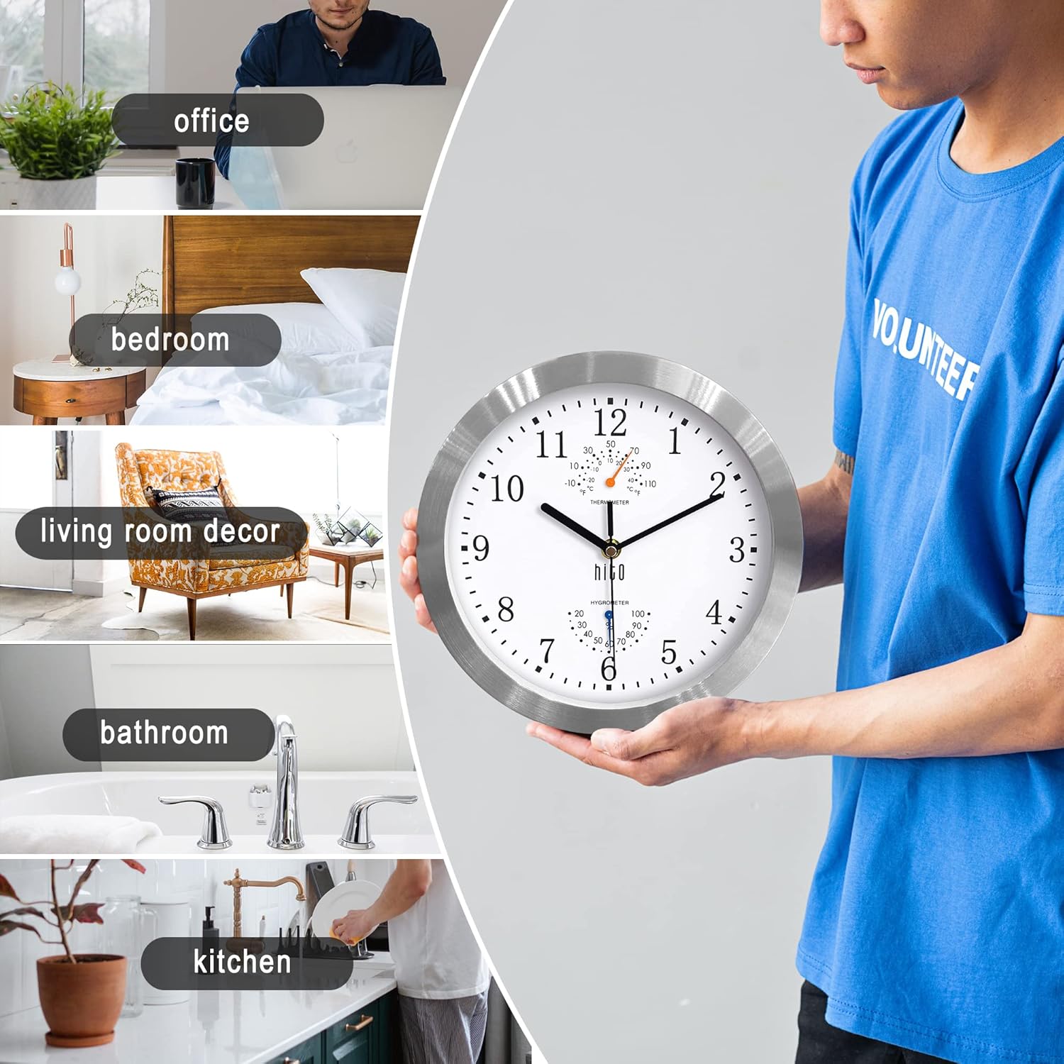 HITO 10 Inch Silent Wall Clock Battery Operated Non Ticking Glass Cover Silver Aluminum Frame, for Kitchen, Bedroom, Home Office, Living Room Decor (White)