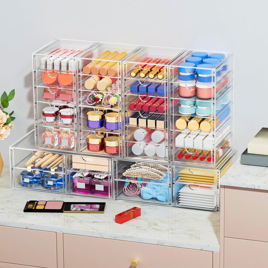 Makeup Organizer Storage With 30 Drawers, 6 Pack Desktop Office Supplies, Desk Organizers, Clear Desk Accessories, Dustproof Drawer Organizer and Storage for Make Up, Jewelry, Pen, Desktop Stationary