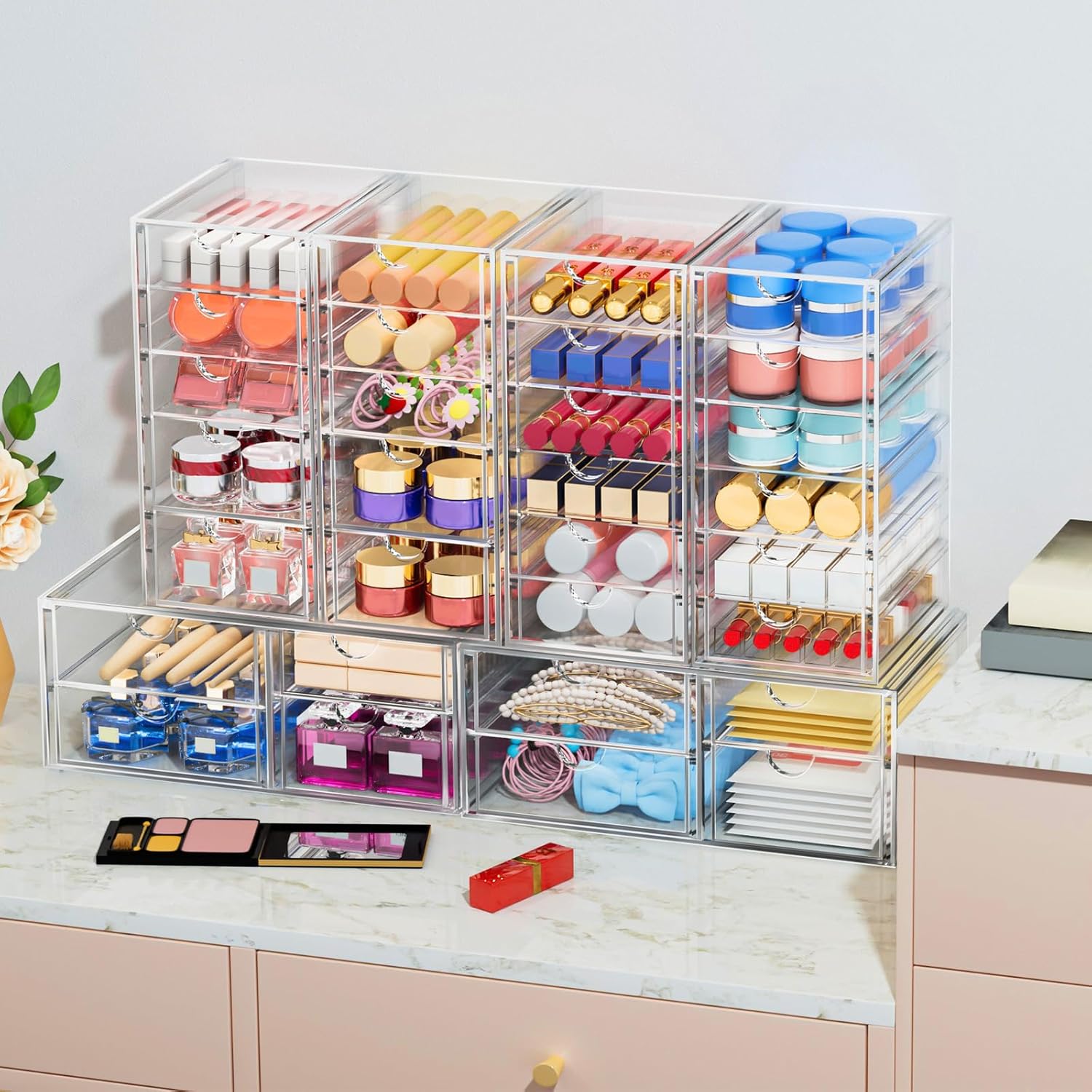 Makeup Organizer Storage With 30 Drawers, 6 Pack Desktop Office Supplies, Desk Organizers, Clear Desk Accessories, Dustproof Drawer Organizer and Storage for Make Up, Jewelry, Pen, Desktop Stationary