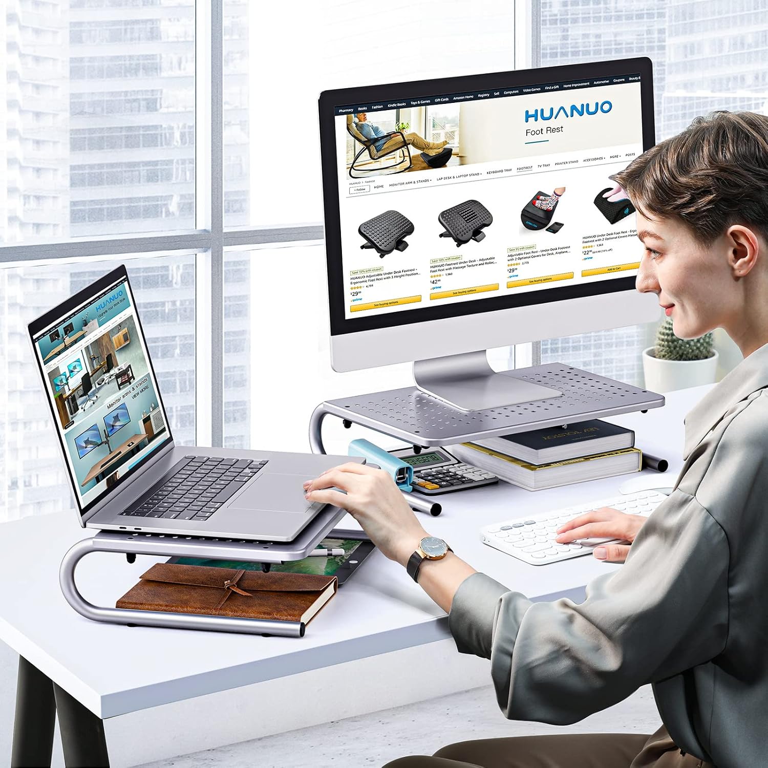 HUANUO Monitor & Laptop Stand - Metal Vented Riser for Screen, Laptops, Printers - Home & Office