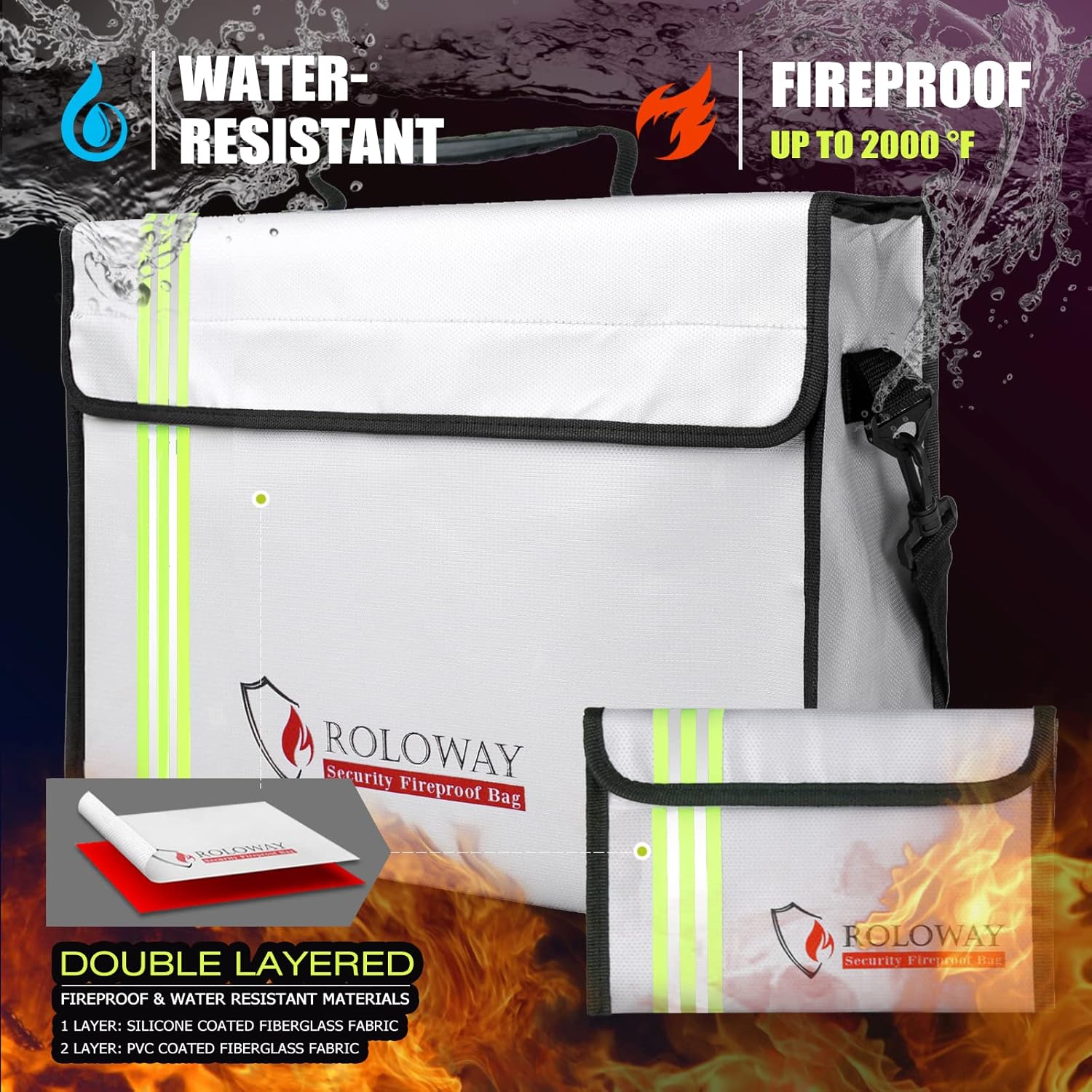 ROLOWAY Large (15 x 12 x 5 inches) Fireproof Bag with Reflective Strip, Water Resistant Fireproof Document Bag Safe for Money, Documents and Valuables Storage