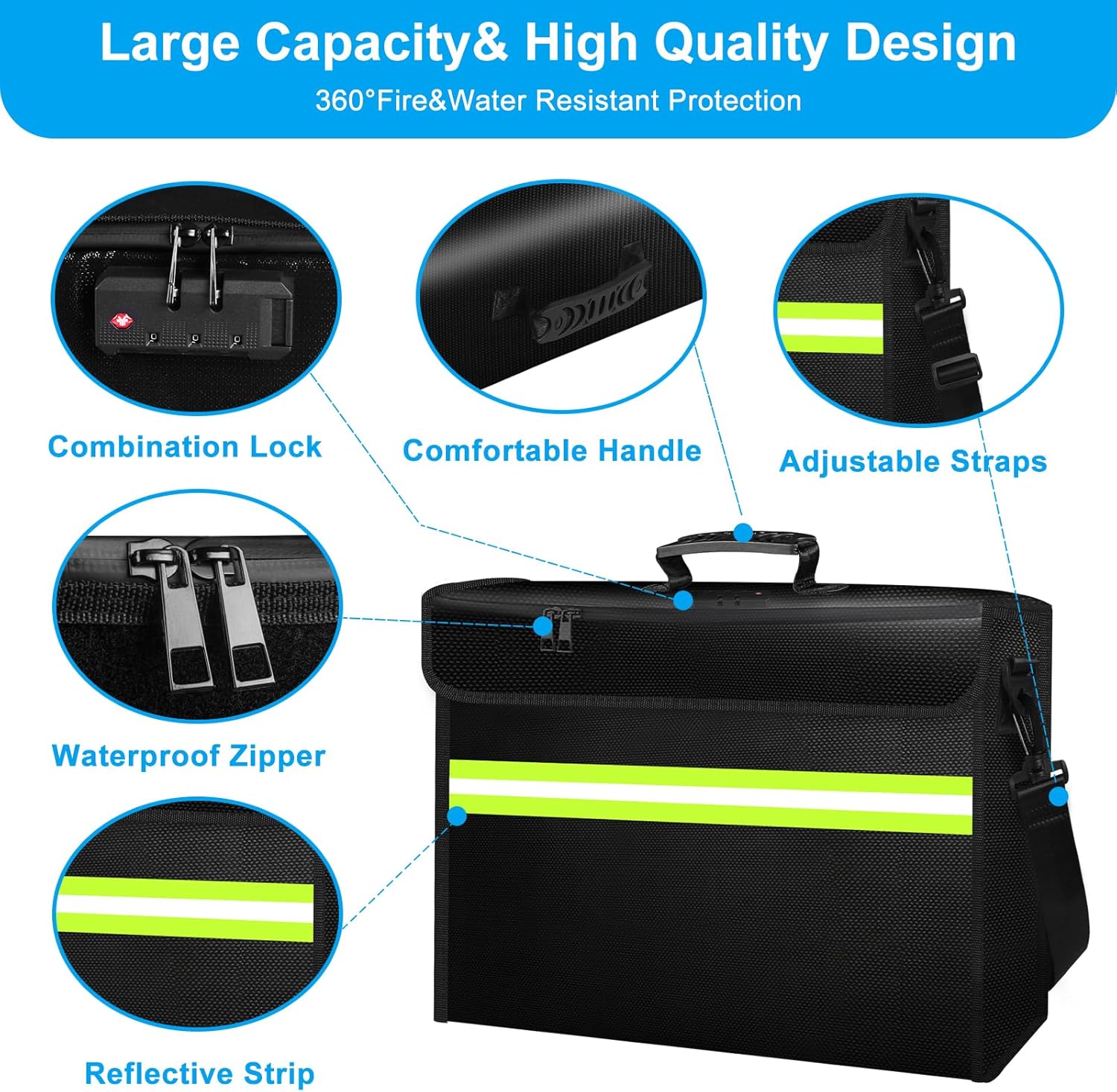 6500°F Fireproof Document Bag with Lock-Fireproof Box with 10 Layers Insulation Materials&Waterproof Zipper,Removable Wallet,Reflective Strip for Cash,Documents,Jewelry(14.2”x 9.6”x 4.1”)